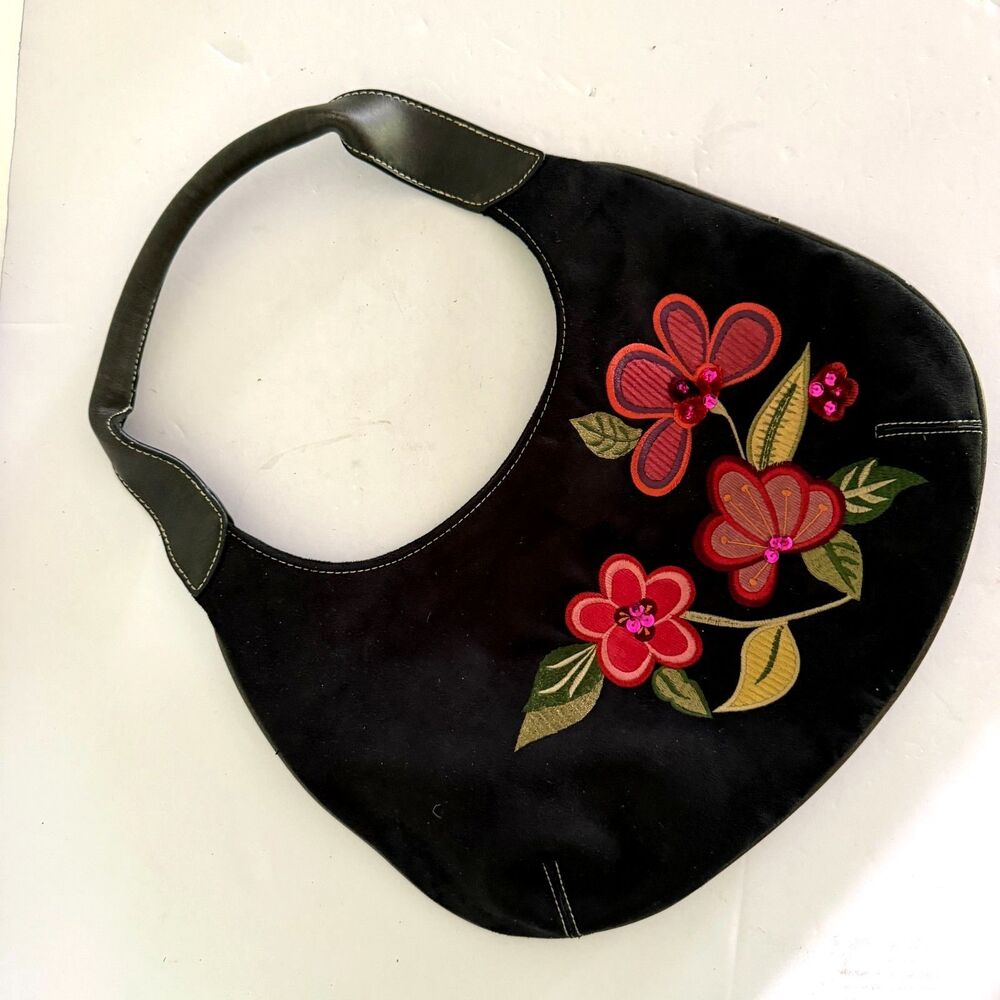 Sonoma, VTG Y2K Black Flower Embellished Shoulder Bag, Suede Hobo Purse